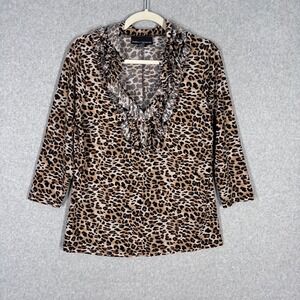 Isabella Rodriguez Ruffle Leopard Print Blouse Large Slinky Liquid‎ Knit Loud